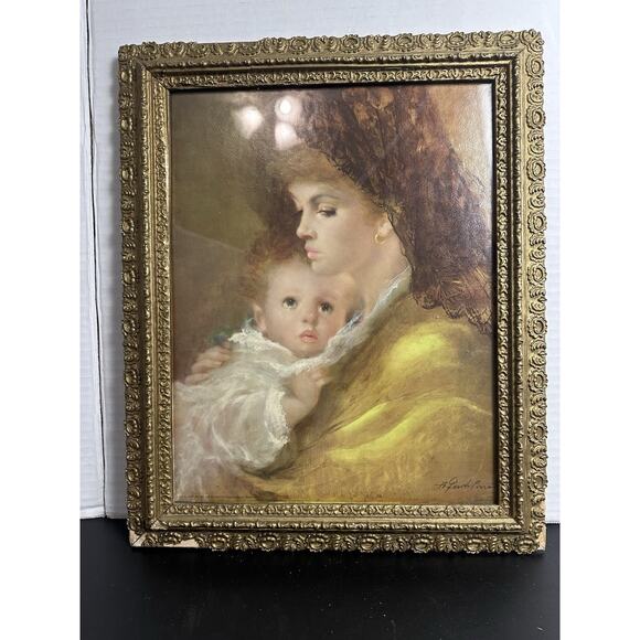Vintage Gold Framed A.Fenti Pini Print signed Portrait Of Mother & Child Marked - Picture 1 of 13